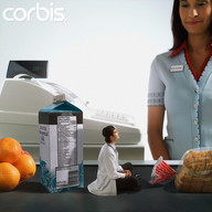 gentle collage clothed shrunken_men uniform indoors groceries cashier