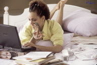 collage blonde black_hair handheld eugen shrunken_woman looking_at_laptop schoolwork laying_on_bed