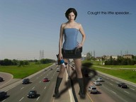 giantess city handheld skirt brunette short_hair boots freeway jill_valentine vehicles outdoors tubetop