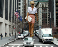 giantess collage blonde outdoors purse mail_truck pink_skirt disrupting_traffic oblivious_pedestrians