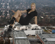 giantess collage city blonde destruction buildings wonderslug dress boots sitting houses black_dress jenni_czech suburbs roof roof_collapse
