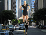 giantess collage blonde traffic wonderslug dress running shrunken_woman skyscraper streets vehicles black_dress jenni_czech between_buildings running_away eyeing crushed_car