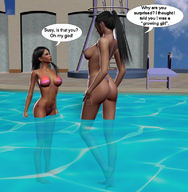 giantess black_hair swimsuit story pool teasing outdoors digital_render