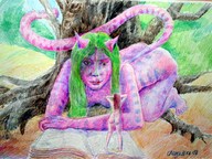 drawing furry green_hair red_hair shrunken_woman looking_at_victim purple_monster