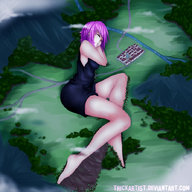 drawing giantess sleeping color destruction barefoot pink_hair lying_down night outdoors trickartist disrupting_traffic