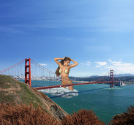 breasts giantess collage mega long_hair swimsuit bridge water brunette wonderslug looking_down skyscraper bay clouds sky golden_gate_bridge splashing hillside distant_city