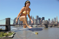 breasts giantess collage city mega swimsuit bridge barefoot cleavage water wet brunette wonderslug looking_down skyscraper boats sky pedicure straddling new_york_city hairband brooklyn_bridge wading