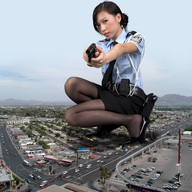 giantess collage mega destruction gun brunette asian police uniform nylons streets crouching under_foot looking_at_viewer vehicle_crush stilettos police_officer