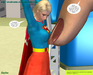 breasts giantess blonde long_hair skirt finger story supergirl captured ilayhu red_nails cape belt dialogue digital_render dc_comics