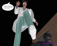 giantess black_hair handheld looking_down raised_foot lab_coat looking_at_victim hglock digital_render