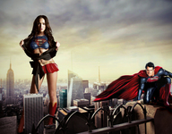 giantess collage city mega skirt brunette boots supergirl superman cape top looking_at_viewer new_york_city empire_state_building megan_fox giantesscity dc_comics