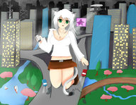 drawing giantess white_hair tail city color cleavage buildings helicopter green_eyes kneeling streets cat_girl vehicles looking_at_viewer brown_skirt