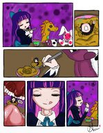 drawing vore comic color purple_hair shrunken_man closed_eyes pudding