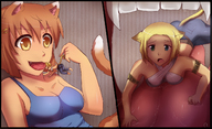 drawing furry tongue cleavage saliva shrunken_woman soft_vore dangling_from_tail looking_at_tiny