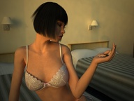 breasts giantess handheld bra shrunken_men sitting hand men shirtless bedroom digital_render