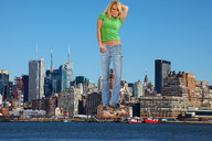 collage city mega blonde destruction clothed helicopter wonderslug skyscraper sky looking_at_viewer madden