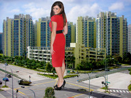 giantess collage city high_heels buildings brunette smiling wonderslug dress looking_at_viewer crushed_car alison_carroll