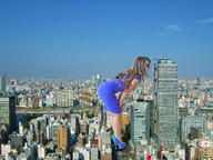 giantess collage city high_heels buildings helicopter brunette smiling dress bending_over standing skyscrapers leaning_forward looking_in