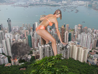 giantess collage city mega butt swimsuit destruction brunette wonderslug fire looking_down skyscraper boats smoke straddling behind_view looking_at_city downward_angle