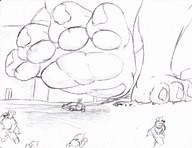 drawing crush furry monochrome giant barefoot fleeing pencil_drawing raised_foot raised_paw impending_doom