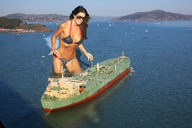giantess collage swimsuit water brunette wonderslug sunglasses bay ships sailboats cargo_ship rachel_uchitel