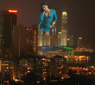 giantess collage city destruction cleavage brunette wonderslug dress skyscraper night looking_at_viewer city_lights