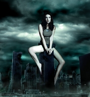 giantess collage city black_hair destruction clothed brunette lips legs shorts skyscraper night top looking_at_viewer sitting_on element
