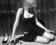 collage blonde monochrome cleavage shrunken_men looking_down outdoors scarlett_johansson looking_at_victim