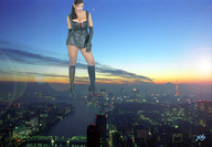 giantess collage large_breasts cleavage high_heels brunette gloves boots fishnets river sky sunset xs looking_at_viewer city_lights