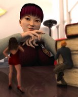 high_heels asian red_hair shrunken_men shrunken_woman looking_at_victim digital_render