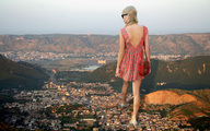 collage city mega long_hair high_heels buildings brunette mountains purse long_legs bracelet docop taylor_swift sun_dress looking_into_distance behind_view black_sunglasses