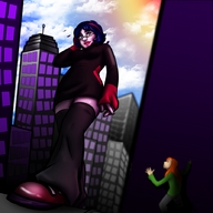 drawing giantess city blue_hair dress long_socks