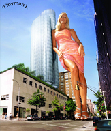 giantess collage city blonde high_heels buildings low_angle street dress looking_down outdoors sky looking_at_viewer tinyman1 leaning_on_building sonya_kraus