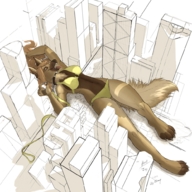 drawing giantess furry anthro city monochrome color tongue swimsuit destruction lying_down hera wolf_girl scream_(artist)