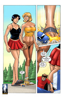 drawing giantess feet blonde comic black_hair color large_breasts cleavage skirt sandals foot_crush giantesses forest vehicles road giantessfan bare_legs
