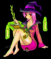 drawing color barefoot cleavage butt_crush pink_hair unknown_artist witch shrunken_men sitting underneath pink_dress candles reading source_needed wand no_background spell_book padlock