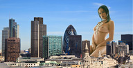 breasts collage city mega brunette kneeling skyscrapers sky necklace looking_at_viewer viking
