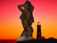 giantess collage blonde swimsuit ocean wonderslug lighthouse sky sunset