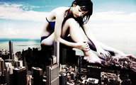 crush collage city mega swimsuit destruction barefoot buildings asian sitting looking_down sky sjw dust