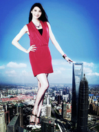 city mega destruction barefoot high_heels asian dress skyscrapers looking_at_viewer sjw