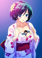 breasts drawing gentle giantess blushing color large_breasts clothed cleavage anime green_eyes blue_hair purple_eyes teston kimono shrunken_men shrunken_man open_mouth standing no_background obi cleavage_window between_breasts short_eyes