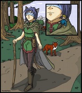 drawing gentle color fox shrunken_men thor66 outdoors trees on_shoulder walking_stick blind_fold
