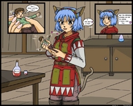 drawing handheld shrunken_men thor66 cat_girl indoors undressing shrinking_potion looking_at_tiny