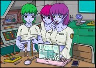 drawing color purple_hair green_hair thor66 blue_skin table shrunken_man set examine measuring looking_at_tiny