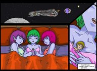 drawing gentle giantess earth space comic color planet purple_hair pink_hair spaceship green_hair thor66 giantesses bedroom covers