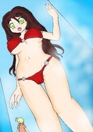 drawing color swimsuit cleavage green_eyes brunette low_angle shrunken_men looking_down  nose_bleed