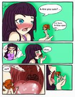 drawing giantess vore blushing comic tongue mouth handheld saliva purple_hair story shrunken_woman willing licking_lips bitter_sweet_love
