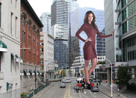 giantess collage city clothed high_heels buildings brunette skyscraper people streets vehicles looking_at_viewer pacmanri vancouver