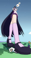 drawing giantess giga mega blonde black_hair color long_hair glasses shoes chibibiscuit multiple_sizes nylons giantesses apron zoom purple_dress on_finger black_shoe purple_socks score takai