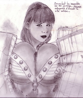 drawing giantess city monochrome destruction cleavage face olivier looking_at_viewer